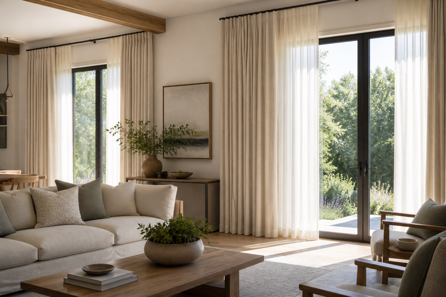 Bright living room with layered ivory curtains